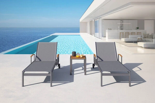 OUTFLEXX 2er-Set Sonnenliegen, Taupe, Edelstahl/Teak, 195,5x74x35cm, Mit Beistelltisch 45x45cm 2 OUTFLEXX 2er-Set Sonnenliegen, Taupe, Edelstahl/Teak, 195,5x74x35cm, Mit Beistelltisch 45x45cm – Bild 2