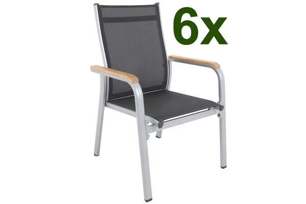Kettler Granada 6er-Set Stapelsessel, Silber/anthrazit, Mit FSC Teakholz-Armlehnen, 0301205-0100 1 Kettler Granada 6er-Set Stapelsessel, Silber/anthrazit, Mit FSC Teakholz-Armlehnen, 0301205-0100