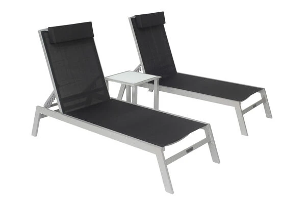 VILLANA 2er-Set Sonnenliegen, Silber/schwarz, Alu/Textil, 198x66x32cm, Mit Beistelltisch 45x45cm 1 VILLANA 2er-Set Sonnenliegen, Silber/schwarz, Alu/Textil, 198x66x32cm, Mit Beistelltisch 45x45cm