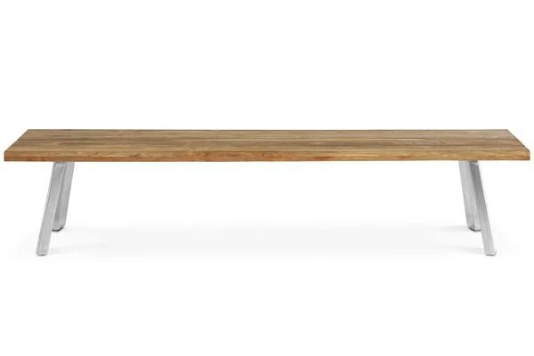 OUTFLEXX Gartenbank, Edelstahl/recyceltes FSC®-Teak, 220x40x45xm, A-Gestell, Rustikal Gebürstet 2 OUTFLEXX Gartenbank, Edelstahl/recyceltes FSC®-Teak, 220x40x45xm, A-Gestell, Rustikal Gebürstet – Bild 2