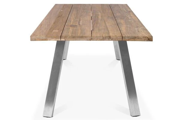 OUTFLEXX Esstisch, Edelstahl/recyceltes FSC®-Teak, 220x100cm, A-Gestell, Rustikal Gebürstet 3 OUTFLEXX Esstisch, Edelstahl/recyceltes FSC®-Teak, 220x100cm, A-Gestell, Rustikal Gebürstet – Bild 3