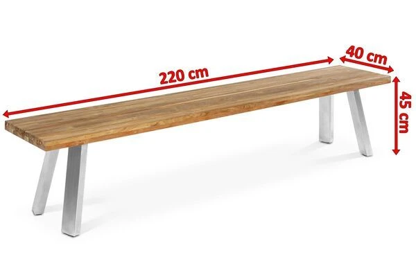 OUTFLEXX Gartenbank, Edelstahl/recyceltes FSC®-Teak, 220x40x45xm, A-Gestell, Rustikal Gebürstet 4 OUTFLEXX Gartenbank, Edelstahl/recyceltes FSC®-Teak, 220x40x45xm, A-Gestell, Rustikal Gebürstet – Bild 4