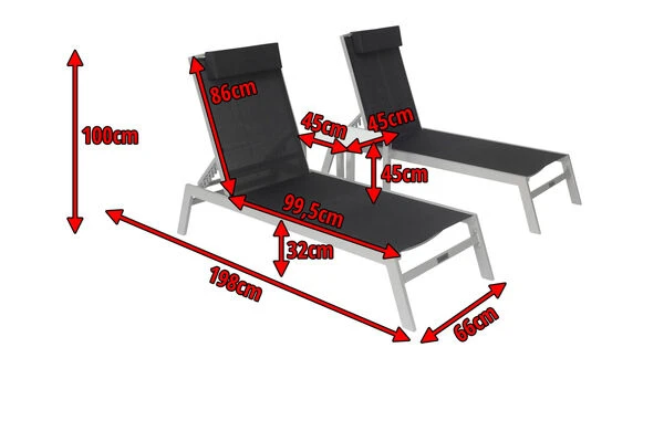 VILLANA 2er-Set Sonnenliegen, Silber/schwarz, Alu/Textil, 198x66x32cm, Mit Beistelltisch 45x45cm 5 VILLANA 2er-Set Sonnenliegen, Silber/schwarz, Alu/Textil, 198x66x32cm, Mit Beistelltisch 45x45cm – Bild 5